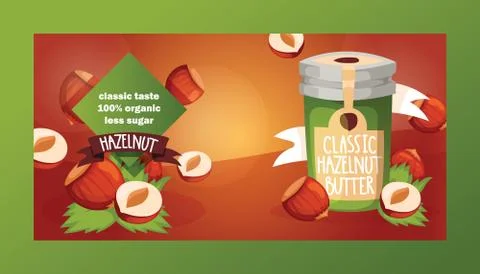 Nut vector nutshell of hazelnut with butter chocolate honey in glass jar set Stock Illustration