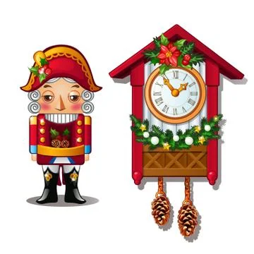 The Nutcracker and the antique cuckoo clock isolated on a white background Stock Illustration