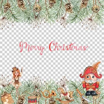 Nutcracker and ballerina fir branches banner watercolor Stock Illustration