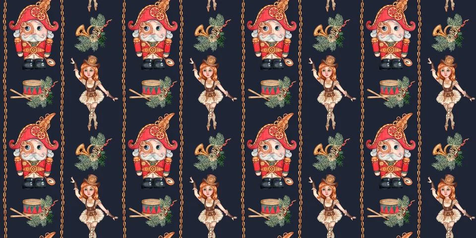 Nutcracker and ballerina vertical pattern on blue watercolor background Stock Illustration