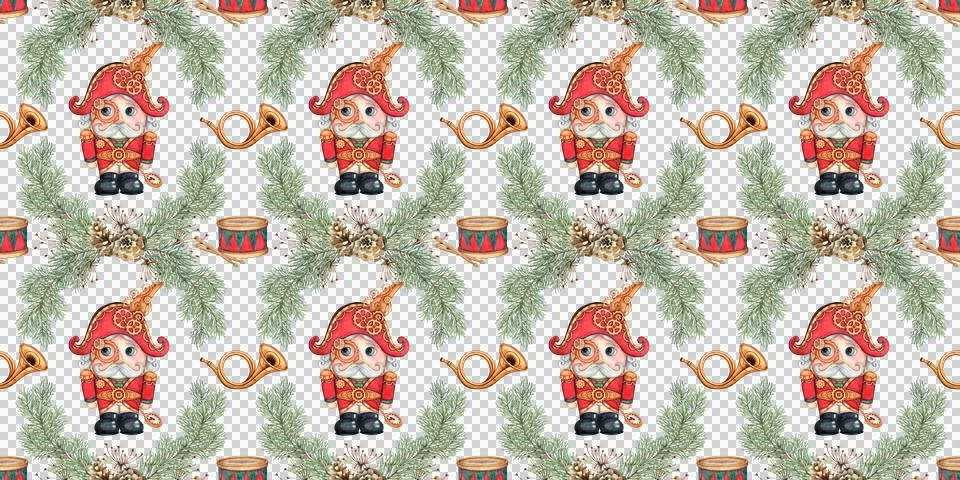 Nutcracker and drum in fir branches watercolor pattern Illustrazione stock