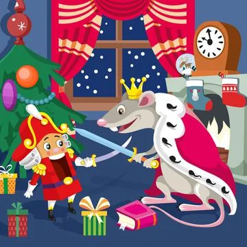 Nutcracker and Mouse King at Christmas night. Cute cartoon characters in room. P 스톡 일러스트