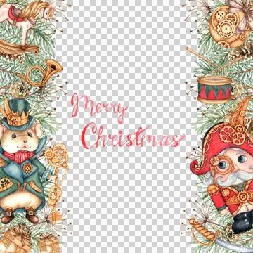 Nutcracker and Mouse King fir branches banner watercolor Stock Illustration