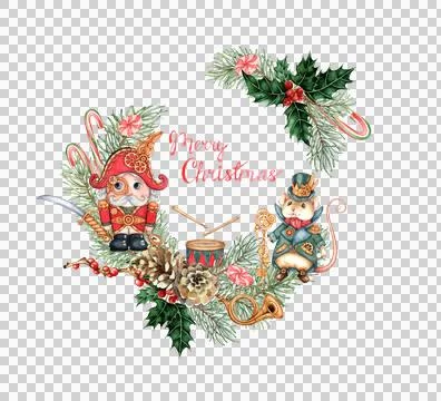 Nutcracker and Mouse King fir branches holly wreath watercolor Stock Illustration