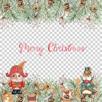 Nutcracker and Mouse King fir branches holly frame watercolor Stock Illustration