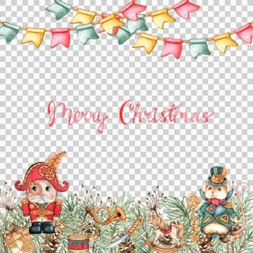 The Nutcracker and the Mouse King fir branches garland frame watercolor Stock Illustration