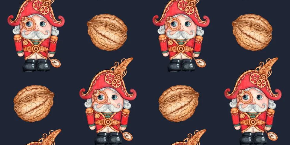 Nutcracker and walnut pattern on blue watercolor background Stock Illustration
