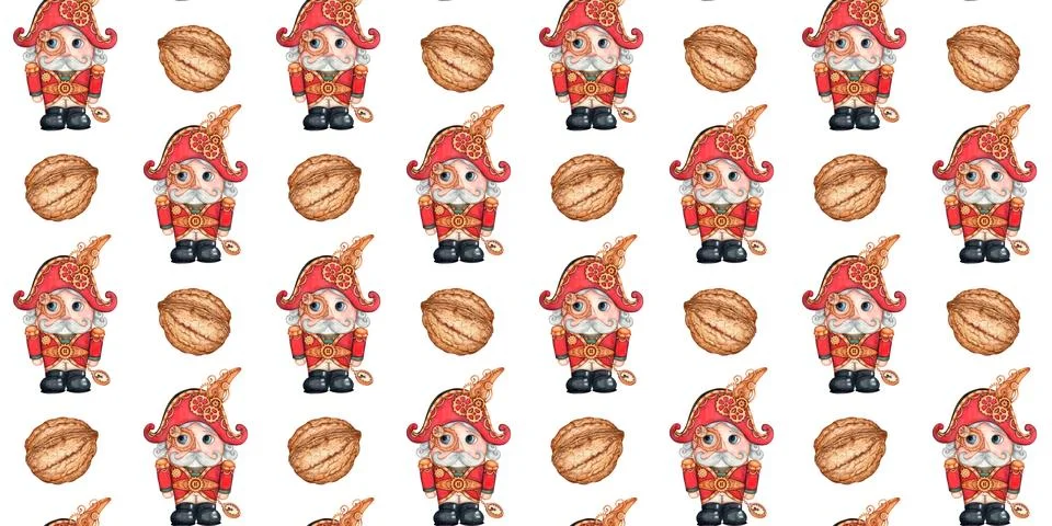 Nutcracker and walnut pattern watercolor 스톡 일러스트