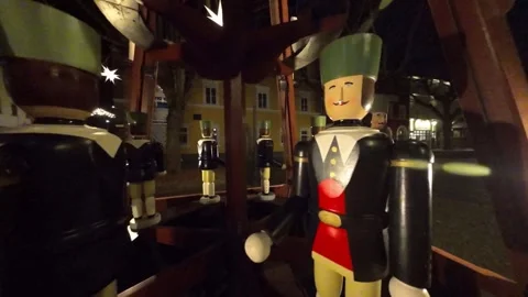Nutcracker Christmas carousel on the night city square.Christmas street decor. Video stock 319342230