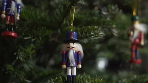 Nutcracker on Christmas Tree. 4K Dolly Slider Shot Video stock 146026365
