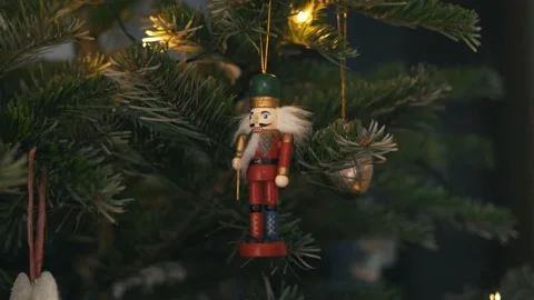 Nutcracker on Christmas Tree. 4K Dolly Slider Shot Stock Footage 146026467