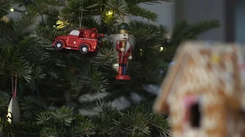 Nutcracker on Christmas Tree. 4K Dolly Slider Shot Stock Footage 146026564