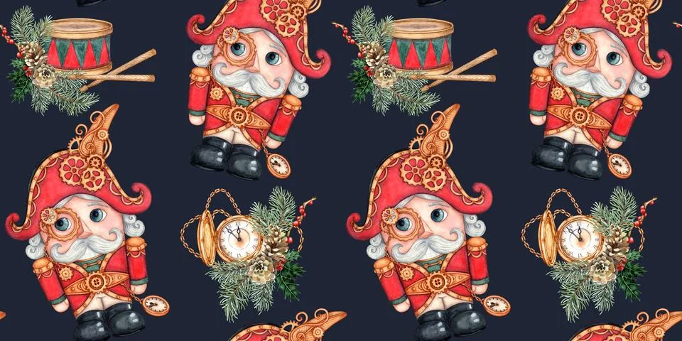 Nutcracker clock and drum in fir branches pattern on blue watercolor backgrou Stock Illustration