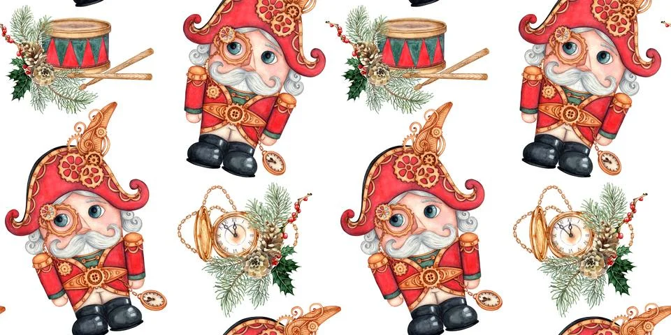 Nutcracker clock and drum in spruce branches watercolor pattern Illustrazione stock