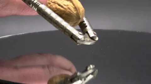 Nutcracker Crushing Walnut in Shell Reflection on Black Slow Motion Stock Footage 70376141