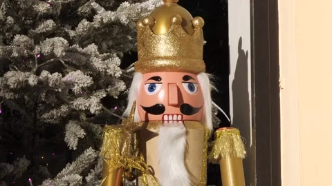 Nutcracker doll dressed in golden costume standing behind the storefront window Stock-Footage 256617229