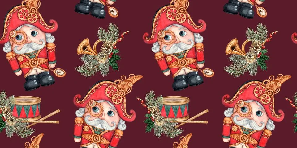 Nutcracker drum bugle in fir branches pattern on burgundy watercolor backgrou 스톡 일러스트
