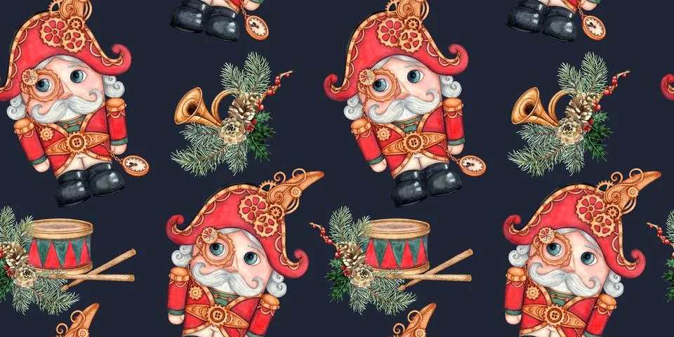 Nutcracker drum bugle in fir branches pattern on blue watercolor background Stock Illustration