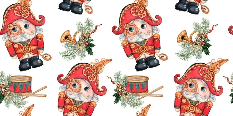 Nutcracker drum bugle in spruce branches pattern watercolor Stock Illustration