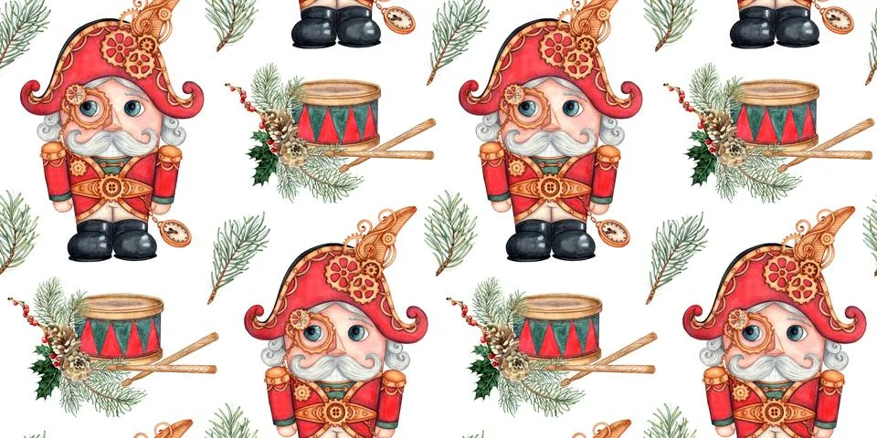 Nutcracker drum fir branches pattern watercolor Stock Illustration