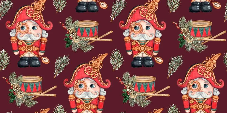 Nutcracker drum fir branches pattern on burgundy watercolor background Stock Illustration