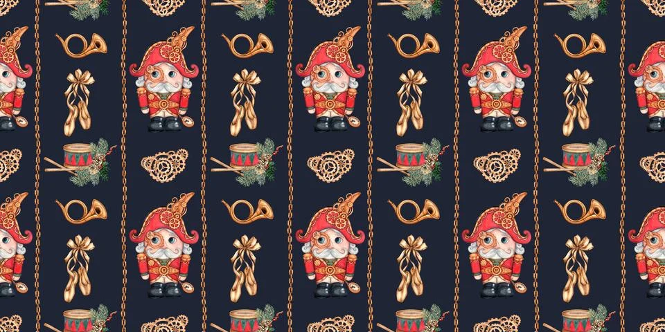 Nutcracker drum pointe shoes vertical pattern on blue watercolor background Stock Illustration