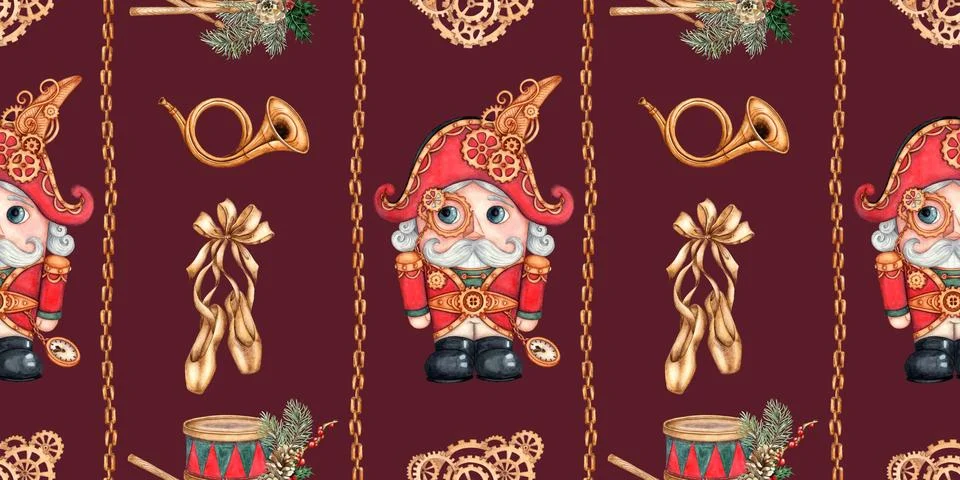 Nutcracker drum pointe shoes vertical pattern on burgundy watercolor backgrou 스톡 일러스트