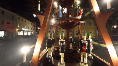 Nutcracker figures carousel  in the evening city background. Stock Footage 319342031