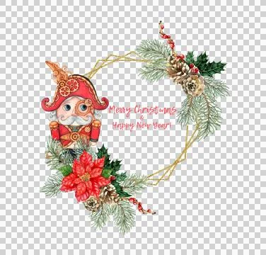 Nutcracker fir branches hexagonal frame geometric watercolor Stock Illustration