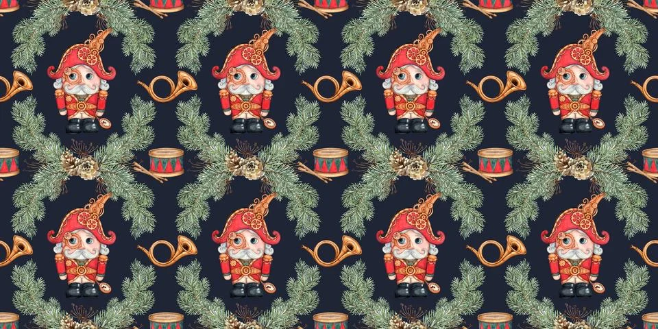 Nutcracker in fir branches pattern on blue watercolor background Stock Illustration