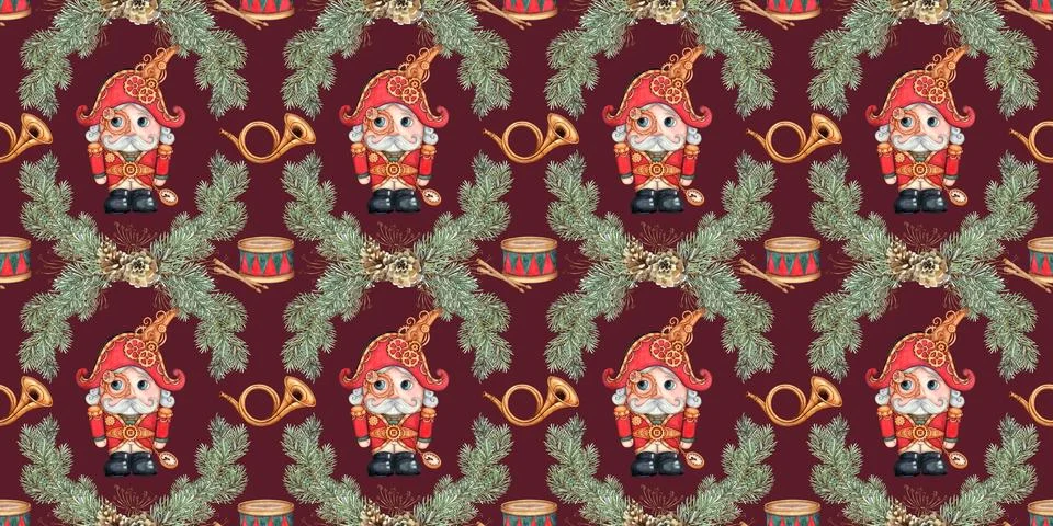 Nutcracker in fir branches pattern on burgundy watercolor background Stock Illustration