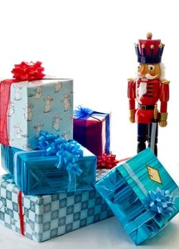 Nutcracker Guarding Presents Stock Photos