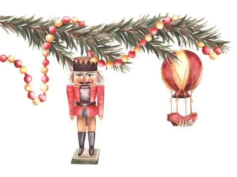 The Nutcracker, hot air balloon toy hanging from a spruce Xmas tree branch 스톡 일러스트