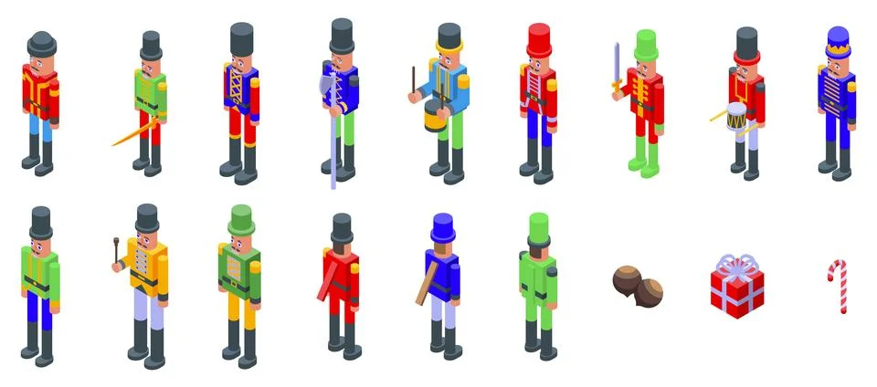 Nutcracker icons set. Nutcracker soldiers holding swords, axes and drums ce.. Illustrazione stock