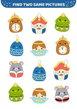 Nutcracker kawaii squishmallow. Find two same pictures. Game for children Stock Illustration