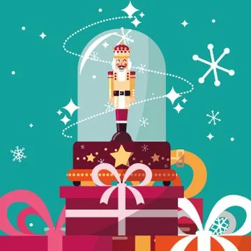 Nutcracker king in crystal sphere with gift boxes presents Illustrazione stock