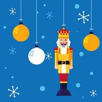 Nutcracker king toy hanging with balls of christmas Stock Illustration