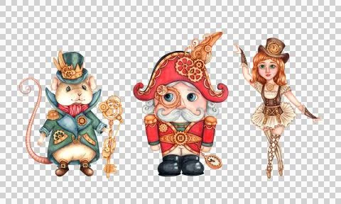 Nutcracker mouse king and ballerina set watercolor Stock Illustration