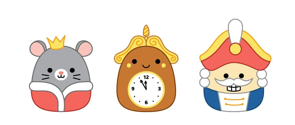 Nutcracker, mouse king, clock, watch, rat. Squishmallow. Pillow. Cartoon, kawaii Stock Illustration