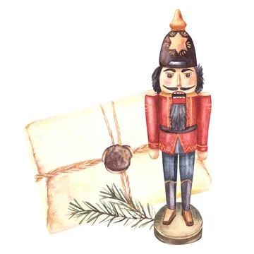 Nutcracker with old letter and spruce, fir branch. Christmas post arrangement Stock Illustration