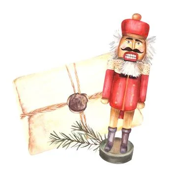 Nutcracker with old letter and spruce, fir branch. Christmas post arrangement Stock Illustration