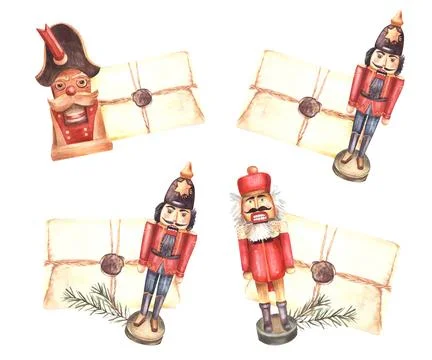 Nutcracker with old letter and spruce, fir branch Christmas post. Watercolor Stock Illustration