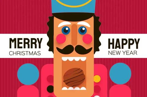 Nutcracker with open mouth and nut. Doll guard in paper cut style. Cute soldier Illustrazione stock