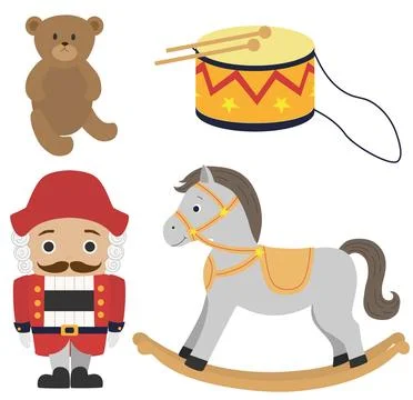 Nutcracker, rocking horse, drum and teddy bear vintage toys. Retro toys set Stock Illustration