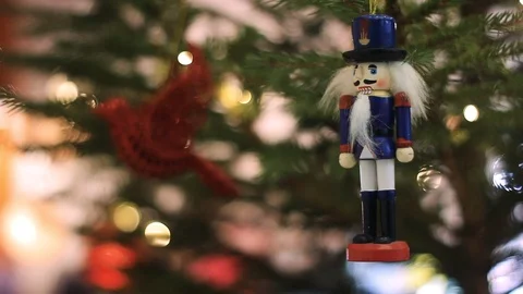 Nutcracker Soldier on a Christmas Tree With Blurred Background. Stock Footage 100339343