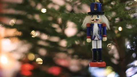 Nutcracker Soldier on a Christmas Tree With Blurred Background. Stock Footage 100339371
