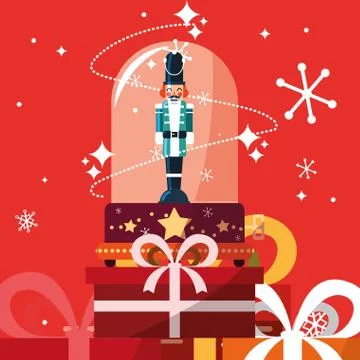 Nutcracker soldier in crystal sphere with gift boxes presents 스톡 일러스트