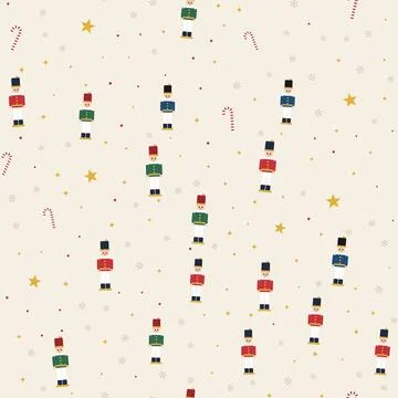 Nutcracker soldiers Christmas seamless pattern with toy soldiers, candy canes, Stock Illustration