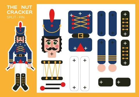 Nutcracker Split-Pin Paper Cut Game. Christmas craft activity for kids. Enjoy Illustrazione stock