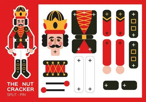 Nutcracker Split-Pin Paper Cut Game. Christmas craft activity for kids. Enjoy 스톡 일러스트